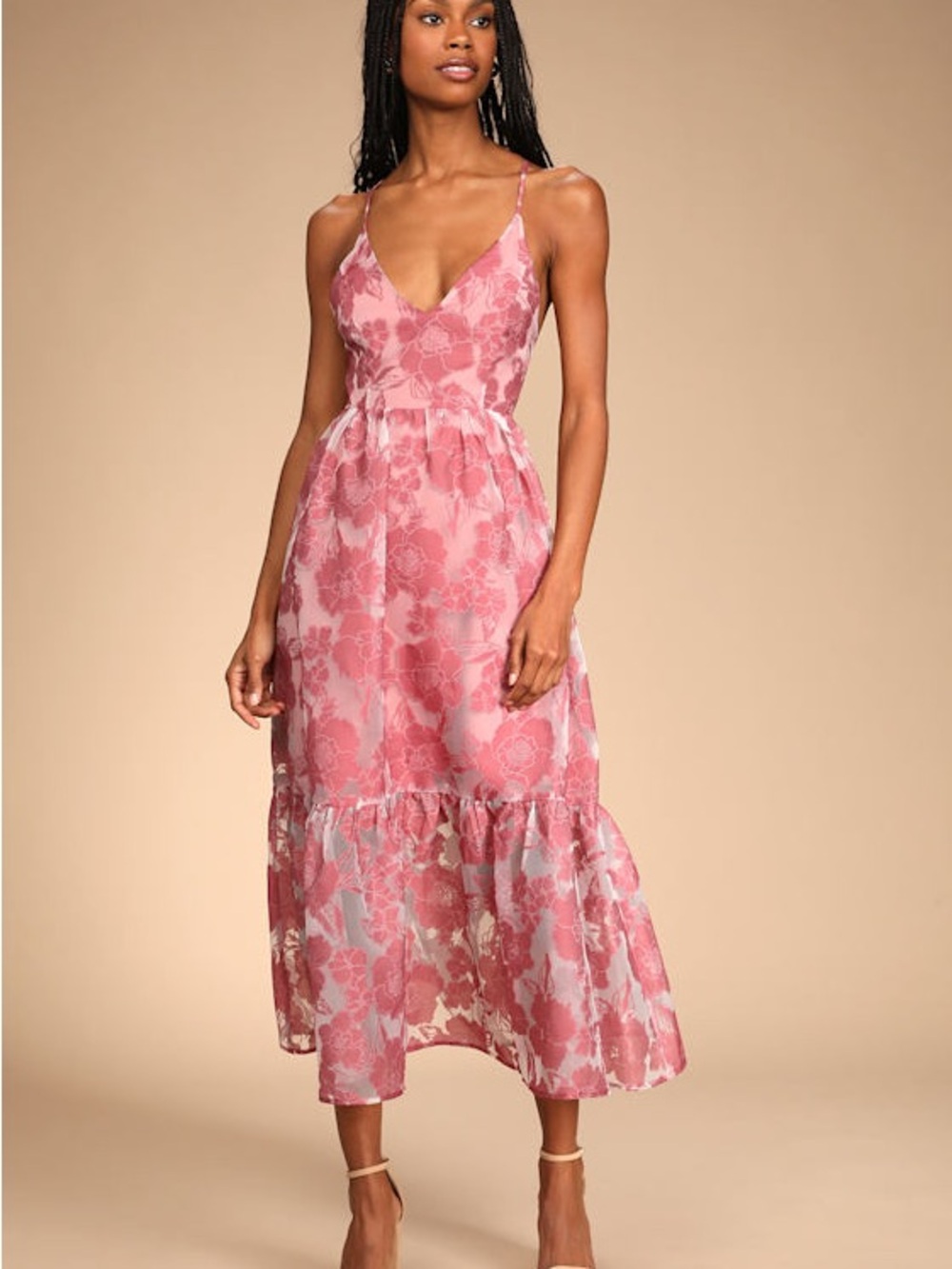 Lulu's Rose Pink Floral Midi Dress with V-Neck
